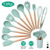 11 piece silicone cooking utensil set with heat-resistant wooden handle silicone spatula spoon egg whiskey kitchen utensil set with bracket black