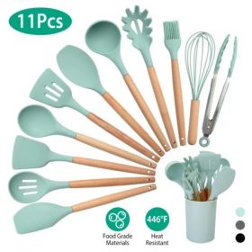 11 piece silicone cooking utensil set with heat-resistant wooden handle silicone spatula spoon egg whiskey kitchen utensil set with bracket black