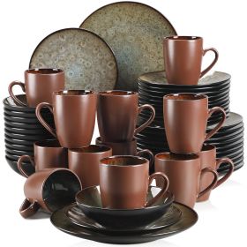VANCASSO BUBBLE 16/32/48-Piece Tableware Set Vintage Ceramic Blue/Brown Stoneware Set with Dinner&Dessert Plate,Bowl,Coffee Cups (Color: Brown-48-Piece)