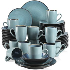 VANCASSO BUBBLE 16/32/48-Piece Tableware Set Vintage Ceramic Blue/Brown Stoneware Set with Dinner&Dessert Plate,Bowl,Coffee Cups (Color: Green-48-Piece)