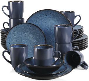 VANCASSO BUBBLE 16/32/48-Piece Tableware Set Vintage Ceramic Blue/Brown Stoneware Set with Dinner&Dessert Plate,Bowl,Coffee Cups (Color: Blue-32-Piece)