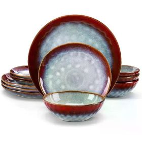 12 Pieces Green Dinnerware Set, Reactive Change Glaze Dinner Set, Plates and Bowls Set (Color: Starry-Red-12)