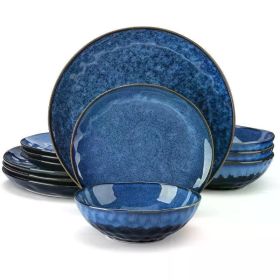 12 Pieces Green Dinnerware Set, Reactive Change Glaze Dinner Set, Plates and Bowls Set (Color: Starry-Blue-12)